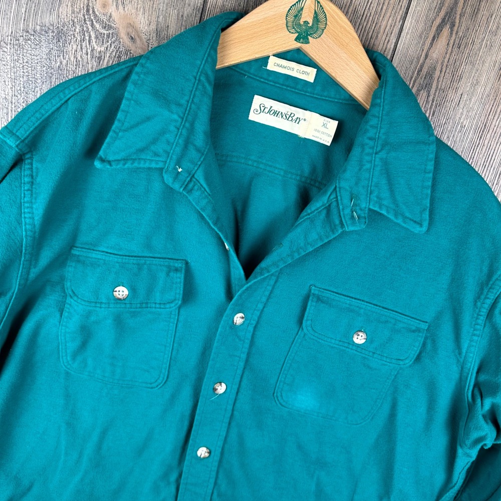 St Johns Bay Vintage Chamois Cloth Flannel Shirt Men XL Green Cotton Made in USA